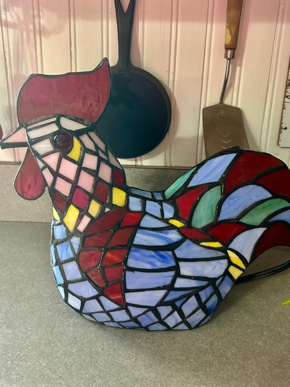 Stained Glass Rooster Tiffany style lamp- Blue, Red & Green